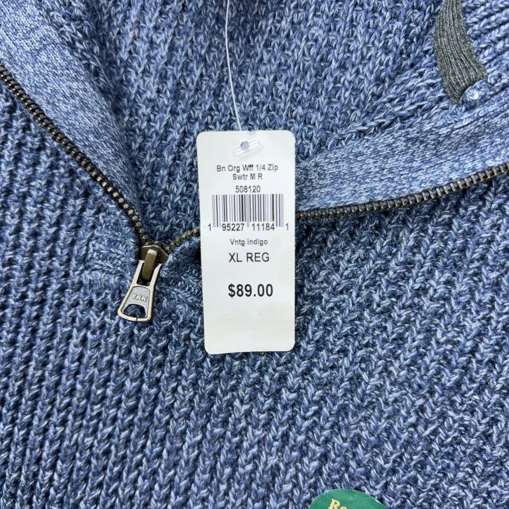 LL Bean Sweater Mens XL Indigo Blue‎ Organic Cotton Waffle Knit 1/4 Zip Mock NEW
